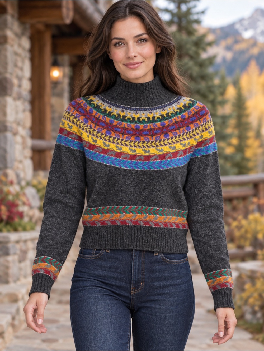 MODA International Fair Isle Mock Neck Sweater Charcoal Multicolor Size Small